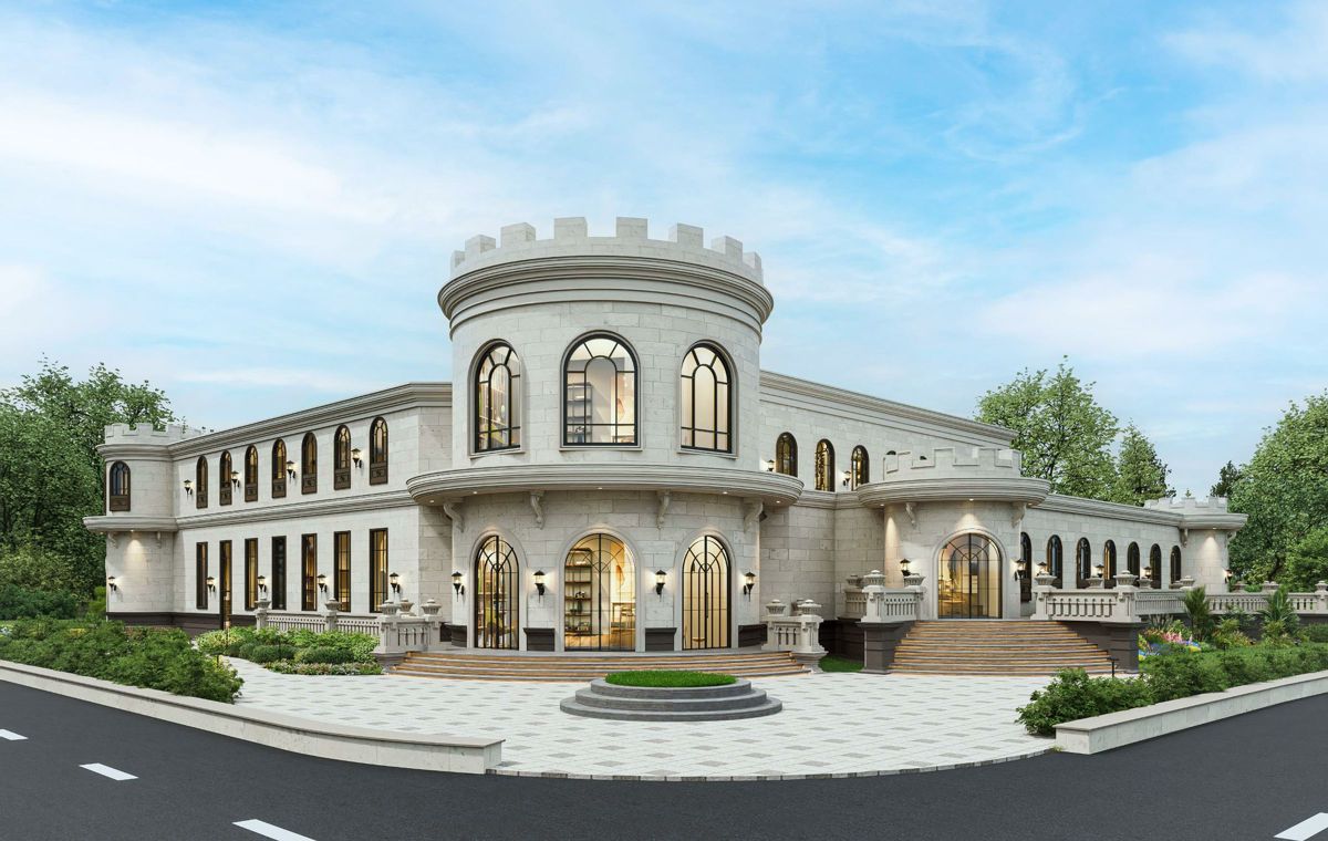 Shul exterior with a domed tower and arched windows